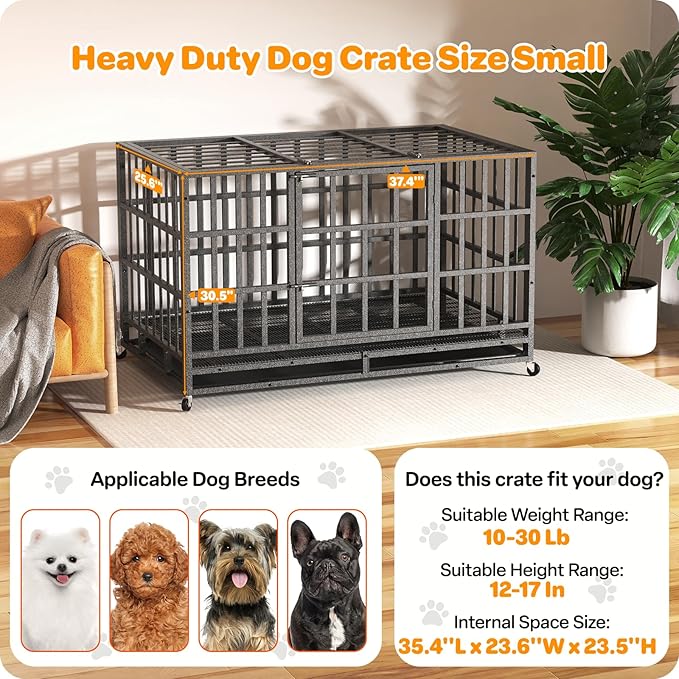 38 Inch Heavy Duty Dog Crate, Indestructible Escape-Proof Dog Kennel for High Anxiety Large Dogs, Strong Metal Pet Cage with Double Doors, Lockable Wheels & Removable Tray, XL XXL XXXL