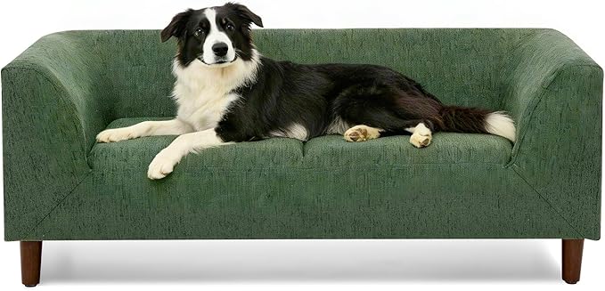Elevated Dog Couch Bed for Medium Large Dogs, Modern Pet Sofa with Backrest & Armrest, Durable Dog Bed Sofa with Soft Cushion, Solid Wood Legs (Olive Green)