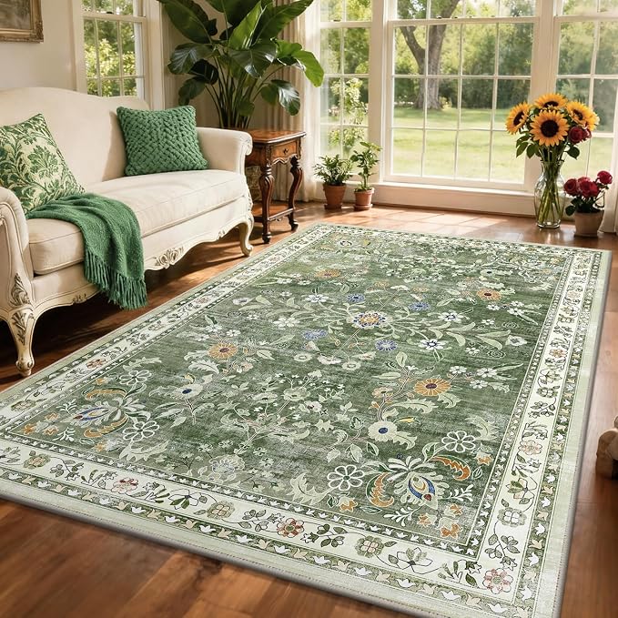 Yamaziot Washable Area Rug 5x7 – Non-Slip Boho Floral Living Room Rug