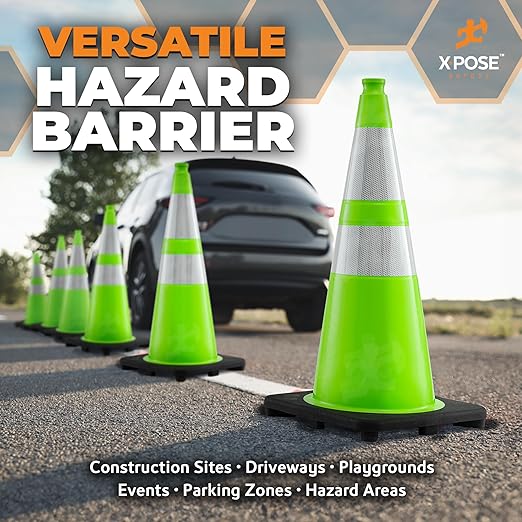 Xpose Safety 28” Lime Green Traffic Cone Dual 6" & 4" Reflective Collar – 1 Pack Multipurpose Premium PVC Safety Cone for Parking, Caution, Construction, Road Crews, Emergency Vehicle - DOT Approved