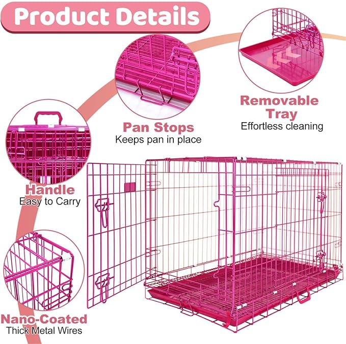HOMEY PET Pink Dog Cage Large Dogs, Cute 42 Inch Dog Crate Big Collapsible XL Dog Kennel, Nano-Coated Metal Wire Dog Crate with Removable Floor Grid Tray, Double Doors Dual Locks, Portable Handle
