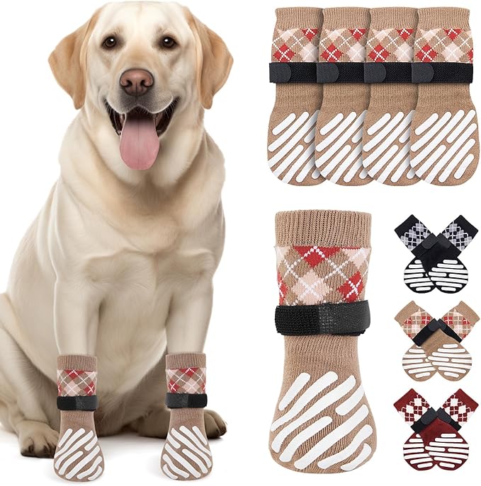 LOOBANI Dog Socks to Prevent Licking Paws - Dog Socks for Hardwood Floors Anti Slip for Traction Control - Dog Grippy Socks for Senior Dog Small Medium Large Dogs on Tile Floors, Caramel XXL