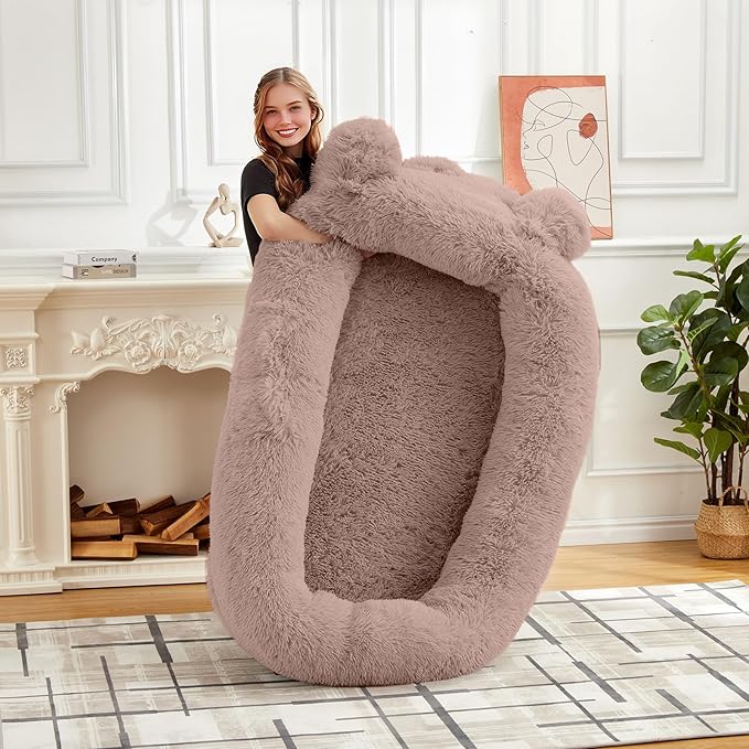 GarveeHome Human Sized Dog Bed, 71" x 45" x 12" Large Dog Bed with 2 Storage Pockets, Fluffy Faux Fur Orthopedic Pet Bean Bed for Adults & Giant Pets - Brown
