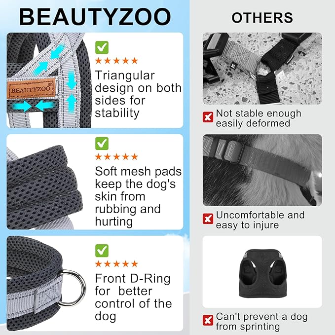 BEAUTYZOO Dog Harness for Small Dogs, No Pull Dog Harness and Leash Set, Soft Escape Proof Puppy Vest Harness with Handle, Reflective Lightweight Step in Harness for Girl Boy Dogs, Grey S