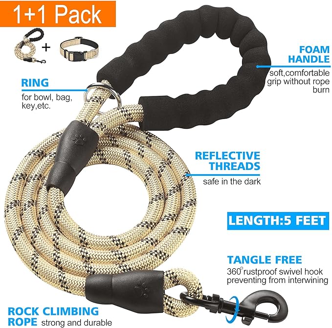 Reflective Dog Collar Padded with Soft Neoprene Breathable Adjustable Nylon Dog Collars for Small Medium Large Dogs (Medium (Pack of 1), Vanilla Collar+Leash)