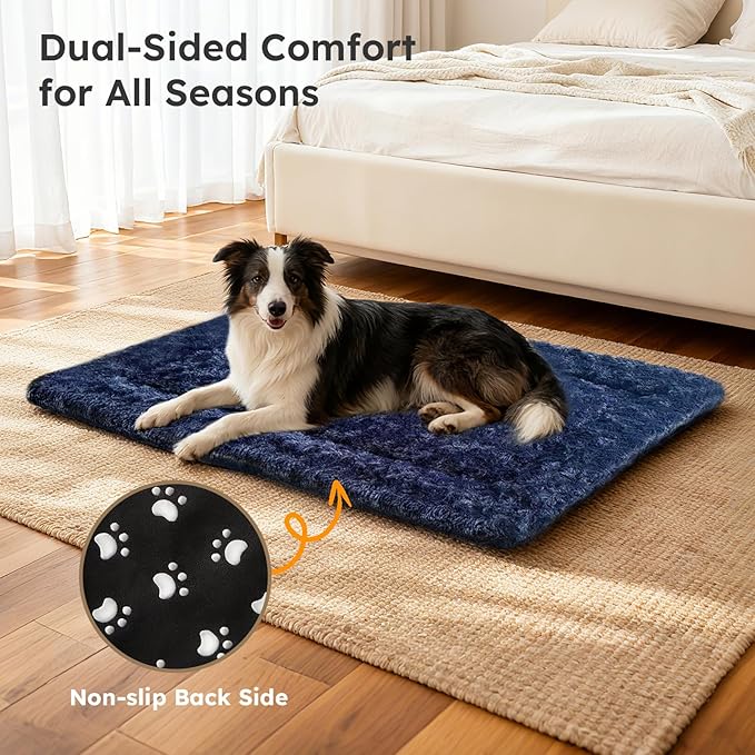 Dog Bed Mat, Dual-Sided Dog Crate Bed Mat - Ultra Soft & Machine Washable Kennel Pad for Medium Dogs, All-Season Comfort Pet Bed for Crates, Travel, and Home, Dark Blue 30 x 18 Inch