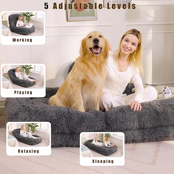 Human Dog Bed for Adult and Kids, Comfy Foldable Lazy Floor Sofa Bed with 5 Adjustable Position, Grey Upholstered Floor Bean Bag Lounger Chair for Bedroom, Living Room,Office (Dark Gray)