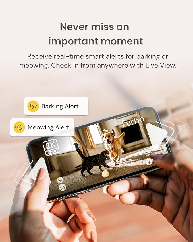 Furbo Mini 360° 2K QHD Pet Camera + Power Adapter: Dog & Cat Rotating Treat Dispenser w/Phone App, Smart Cam w/2-Way Speaker & Night Vision. No Subscription Needed. Standard See, Talk, & Toss Features