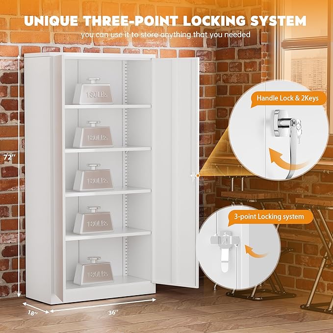 Greenvelly White Metal Cabinet, 72" H Steel Lockable Metal Storage Cabinet with 2 Doors and Adjustable Shelves,Tall Tool Organizer for Office,Home, Garage, Gym, School
