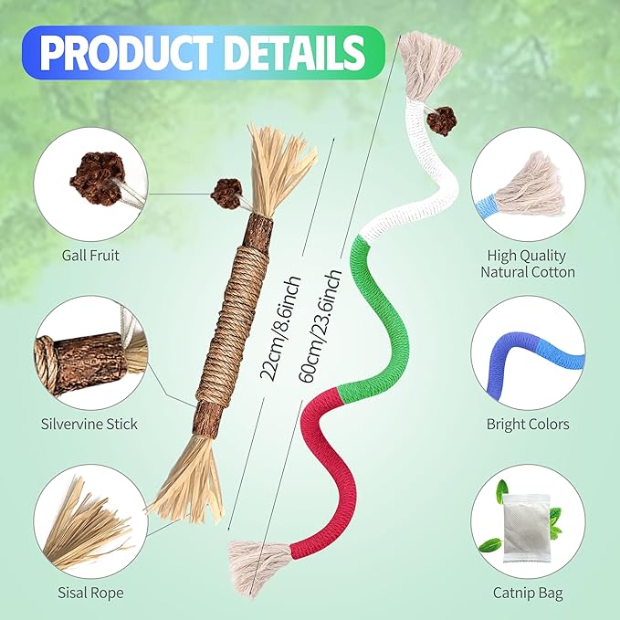 Cat Toys Chew Rope & Silvervine Sticks for Bored Indoor Adult Cats, 6Pcs Interactive Catnip Toys for Cats with Refillable Natural Catnip Bag for Teeth Cleaning