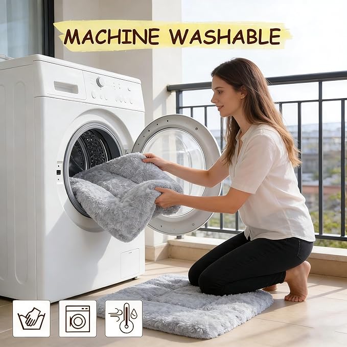 Washable Dog Bed for Small to Large Dogs, Calming Anti Anxiety Medium Dog Bed, Deluxe Plush Faux Fur Crate Beds, Comfy Fluffy Kennel Pad Pet Sleeping Mat with Non-Slip Bottom, 30"x20", Gray