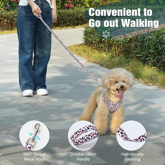 Pawaboo Small Dog Harness and Leash Set, Puppy Harness X-Frame No Pull No Choke, Dog Vest Harnesses Adjustable for Small Medium Sized Dogs,Soft Breathable Pet Harnesses for Walking, S, Pink Leopard