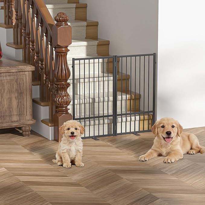 Full Metal Freestanding Dog Gate with Door, 36''Height Foldable Pet Dog Fence for Indoor & Outdoor, 2 Panels Extra Wide Free Standing TallDog Gates for Doorways,House,Stairs,Porch,Deck,Yard