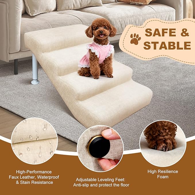 Adjustable Dog Stairs & Ramp for Cats and Dogs, 4-Step Pet Stairs for High Beds and Couch, 14.5"–17.7" Height, Linen Faux Leather, Waterproof, Scratch-Resistant, Non-Slip Indoor Pet Ramp