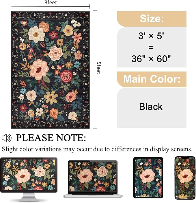 DUKINO 3x5 Area Rug, Floral Rugs