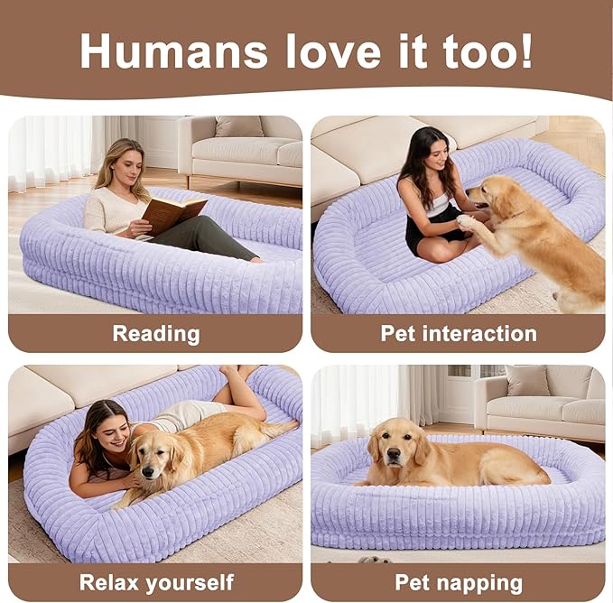 Human Dog Bed for Adult,70"x38"x10" Extra Large Human Pet Bed,Orthopedic Washable XL Dog Bed with Memory Foam (Purple)