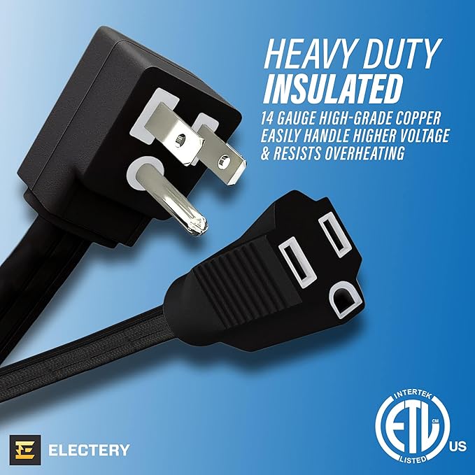 15 ft Heavy Duty Appliance Extension Cord, 14 AWG, 15A 125V 1875W, 3 Prong Flat Plug, ETL Listed, Short Power Extension Cable for Air Conditioner, Refrigerator, Microwave, Indoor Use, Black