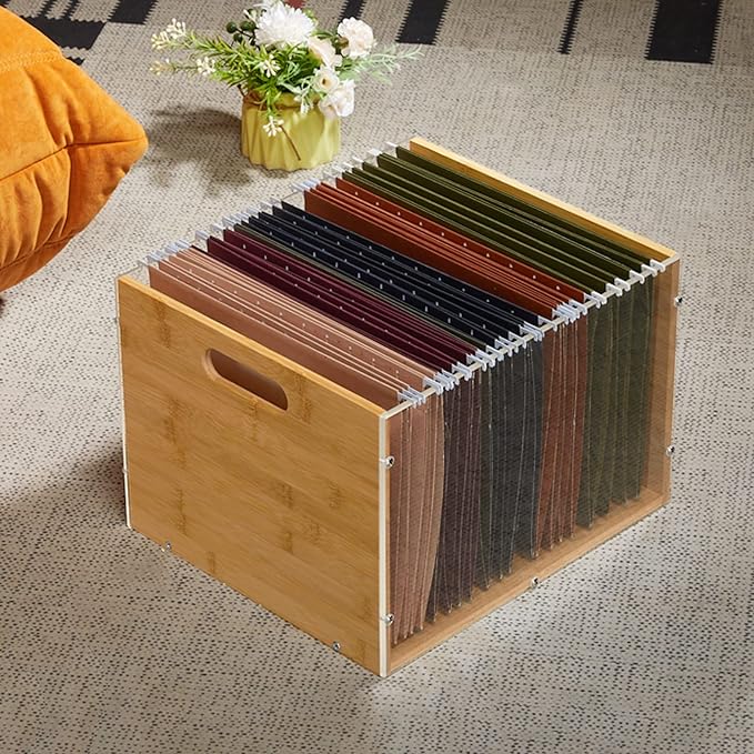 Clear Acrylic File Box Organizer, Bamboo Hanging Folder Storage Boxes, Filing Crate Bin Holder with Handle for Home Office Desk, Letter Size