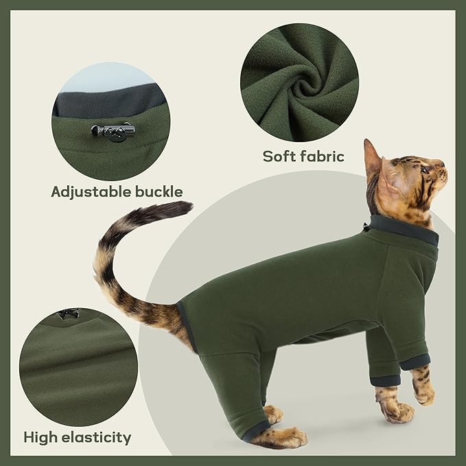 PUMYPOREITY Sticky Hair Cat Clothes, Prevent Loss Pajamas, Soft Sweaters for Cats Only, Onesie, Recovery Suit After Surgery, Green, M