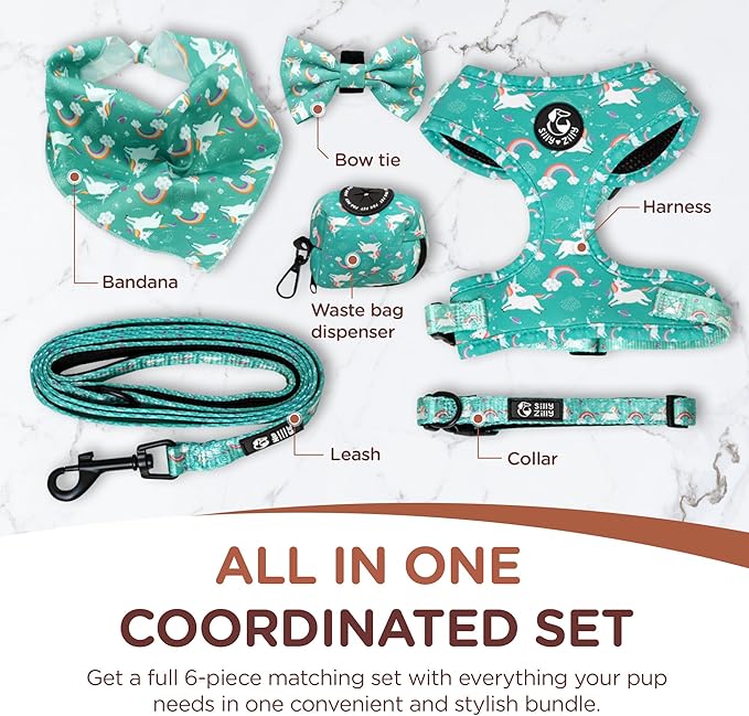 No Pull Harness and Leash Set - 6-in-1 Adjustable Vest Harness and Collars for Medium and Large Dogs. (Tile Unicorn, Large)