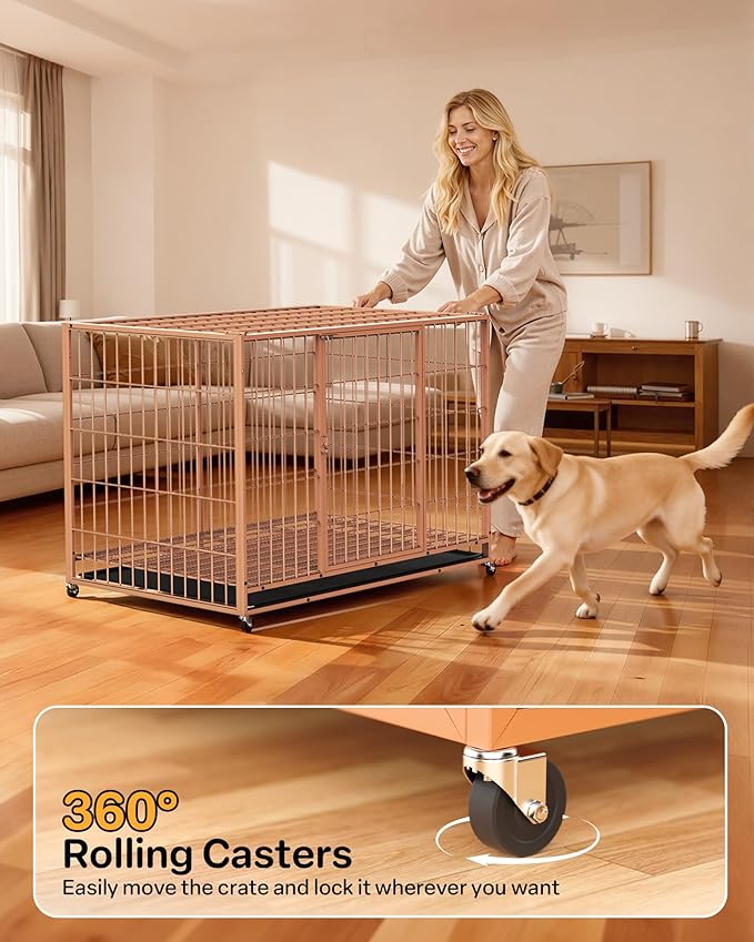 48 Inch Large Dog Crate, Escape Proof Dog Cage with Dual Door Lock and Swivel Casters,Removable Tray for Easy Cleaning, Dog Kennel Indoor Outdoor Use