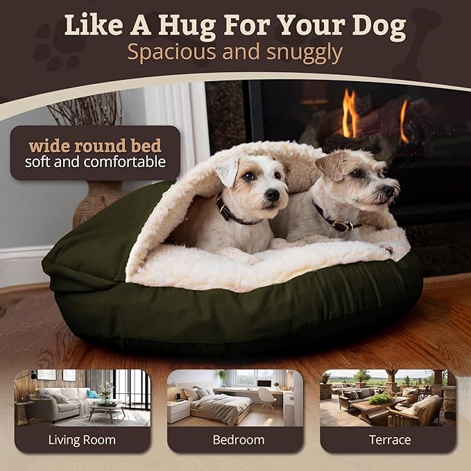 Snoozer Cozy Cave Dog Bed - Indoor Dog Bed with Cover Cave, Covered Calming Burrow for Small & Medium Sized Pets with Blanket Attached, Enclosed, Removable Washable Cover - Large, Olive