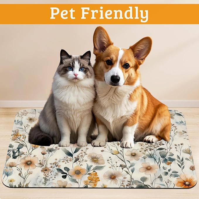 Vintage Flowers Dog Cat Food Mat,Herbs Absorbent Waterproof Placemat for Food and Water Non Slip Rubber Backing Durable Feeding Pad for Clean Floors 16" x 24"