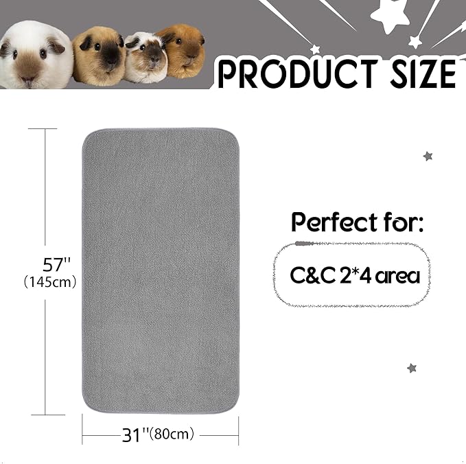 Guinea Pig Cage Liner, 2 Pack - Washable, Reusable, Leakproof Fleece Bedding Pads for Small Animals with Anti-Slip Bottom - for C&C 2X4 Area, Gray