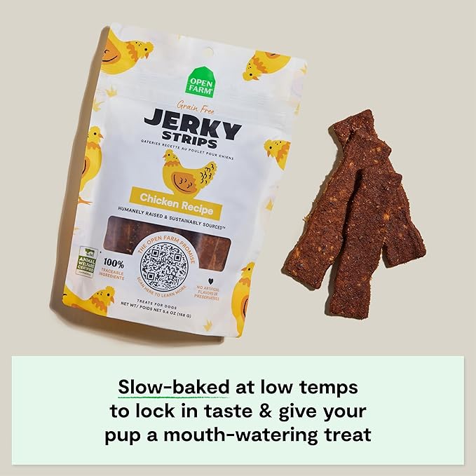 Open Farm, Dog Jerky Treats, Soft & Chewy Oven-Baked Jerky Strips Made with Ethically & Sustainably Sourced Ingredients, Protein Packed Dog Treats, Grain-Free Chicken Recipe, 5.6oz Pouch