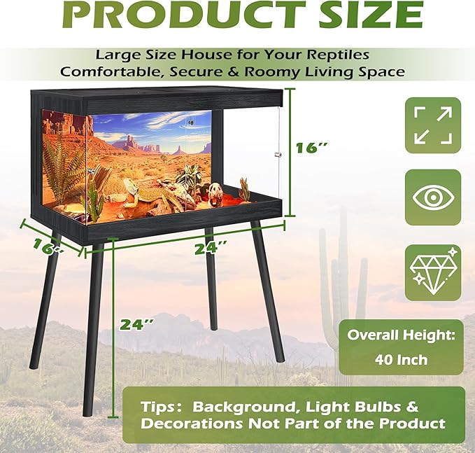 ROYXEN Bearded Dragon Tank with Leg Stand,Tempered Glass Reptile Tank with Metal Mesh Top, 3-Side Clear Anti-Scratch Glass Lizard Tank,Snake Tank for Reptile Habitat