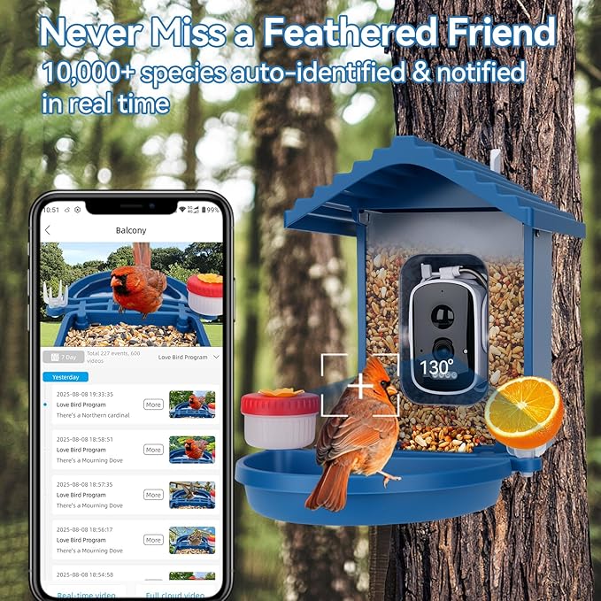 Bird Feeder with Camera Solar Powered,2.5K HD Video Bird House Live View,Smart AI Bird Species Identification for Outside Garden,Birds Bath,Ideal Gift for Birds Lover,Hummingbird (Blue)