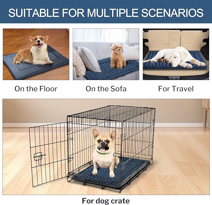 Washable Dog Bed Plush Orthopedic Outdoor Crate Mat with Non-Slip Bottom,Luxe Soft Kennel Pad for Pets, Cozy Cage Cushion & Pet Sleeping Mattress Large Sized,Medium,Small Dogs,30 x 20 inch,Blue