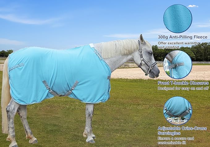 Horse Fleece Cooler, Blanket Liner - 300g Anti-Pilling Fleece, Moisture-Wicking, Cooling & Drying for Post-Workout, Bath & Travel, Prevent Overheating & Chilling Lightblue 84