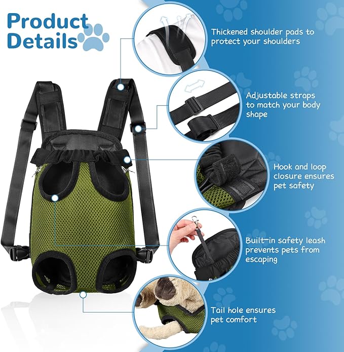 YUDODO Pet Dog Carrier Backpack Adjustable Dog Front Carrier, Legs Out Easy-Fit Dog Travel Backpack Carrier for Hiking Camping for Small Medium Dogs Cats and Rabbits (Large (Pack of 1), Army Green)
