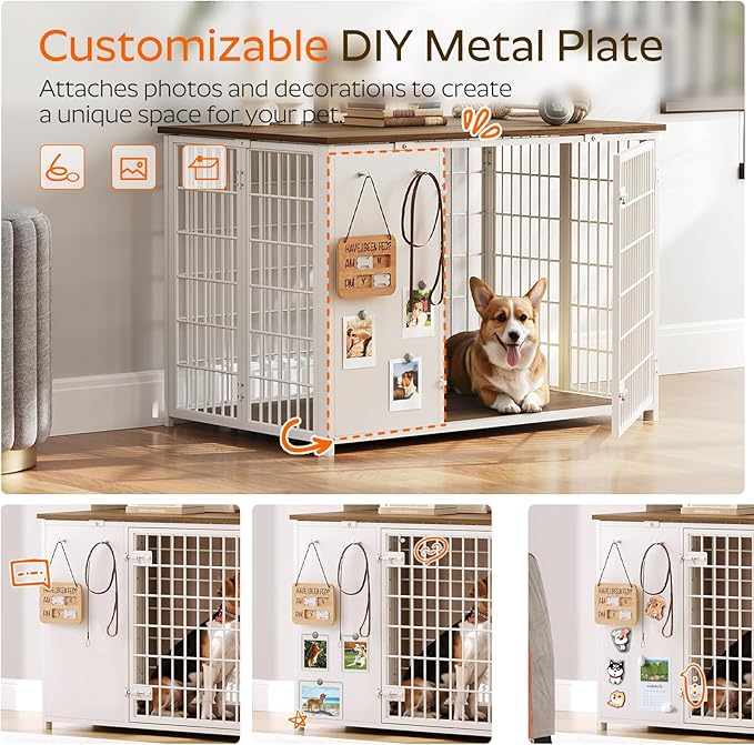Foldable Dog Crate Furniture, Dog Crate with DIY Frame, Heavy Duty Dog Kennel Indoor with Hooks, Wooden Dog Cage End Table, for Small/Medium Dogs, White and Walnut DC95WH