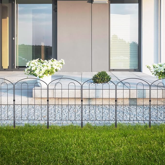 28 Pack Decorative Garden Fence Outdoor 24in (H) x 30ft (L) Coated Metal RustProof Landscape Wrought Iron Wire Border Folding Patio Fences Flower Bed Fencing Animal Barrier Section Panels Decor
