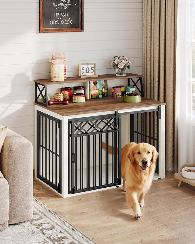 39.4'' Dog Crate Furniture, Large Wooden Dog Crate with Storage and 3 Doors, Indoor Kennel for Medium/Large Dogs, End Table with Barn Door, Chew-Proof and Escape-Proof, White Brown DFC87414B