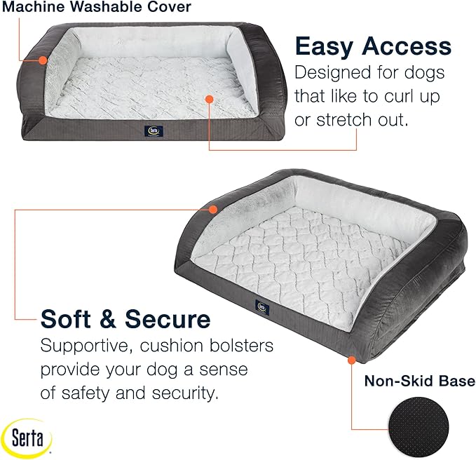Serta Orthopedic Supportive Foam Quilted Couch Dog Bed with Soft Bolsters (Slate Gray) X-Large