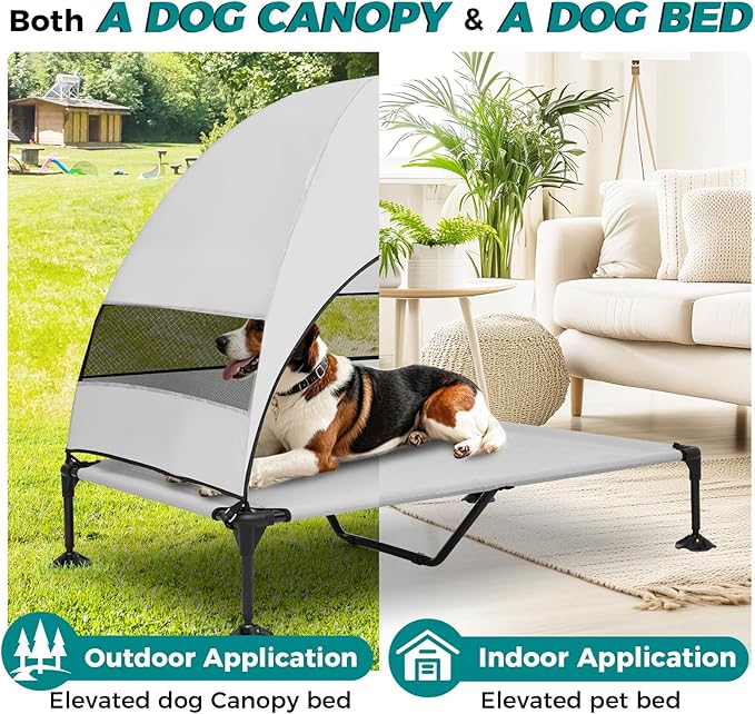 Windproof Elevated Dog Bed with Canopy & Stakes, 3-Sided 90% UV Block, Chew-Proof Teslin Mesh Mat for Large Dogs up to 150lbs(Grey X-Large)
