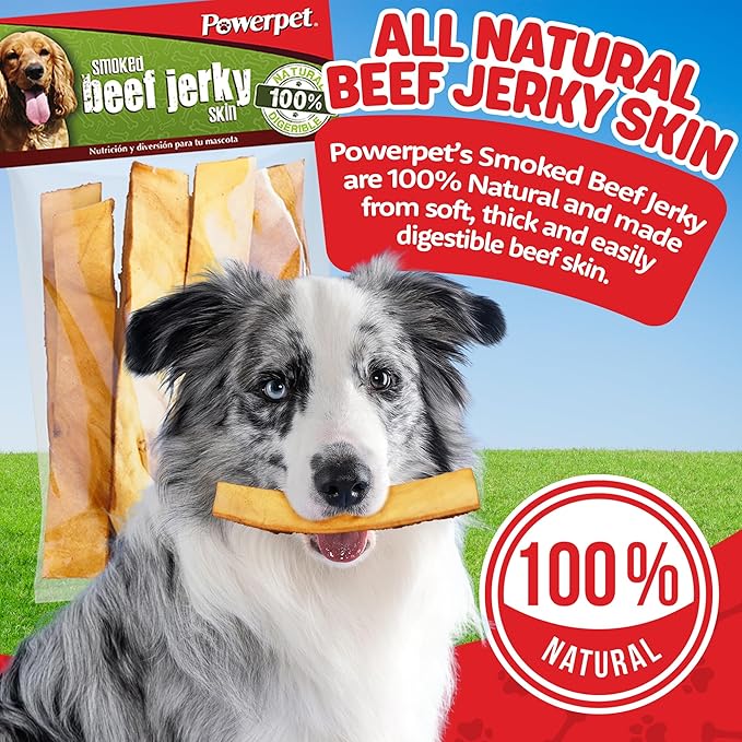 Powerpet Treats Natural Smoked Beef Jerky Skin for Dogs - High Protein, Grain-Free, Long-Lasting Chews, Ideal for All Breeds, Promotes Dental Health - Easy Digestion - 8oz Bag (Package May Vary)