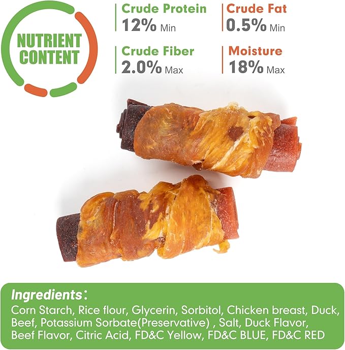 MON2SUN Rawhide Free Dog Treats, 3 Inch Triple Flavor Chicken Wrapped Duck and Beef Rolls for Small Dogs, Healthy Snacks, 21.16oz