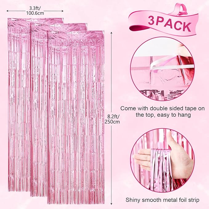 3 Pack 3.3 x 8.2 ft Light Pink Foil Fringe Backdrop Curtains, Tinsel Streamers Birthday Party Decorations, Fringe Backdrop for Graduation, Baby Shower, Gender Reveal, Disco Party
