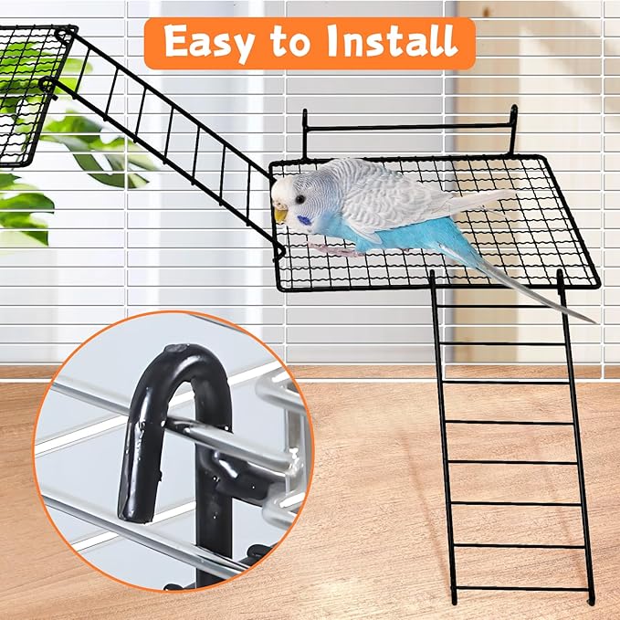 BNOSDM Stainless Steel Grid Platform for Parakeet 4 PCS Bird Perches Platform Parrot Stand with Climbing Ladder Bird Cage Accessories for Small to Large Birds (L)
