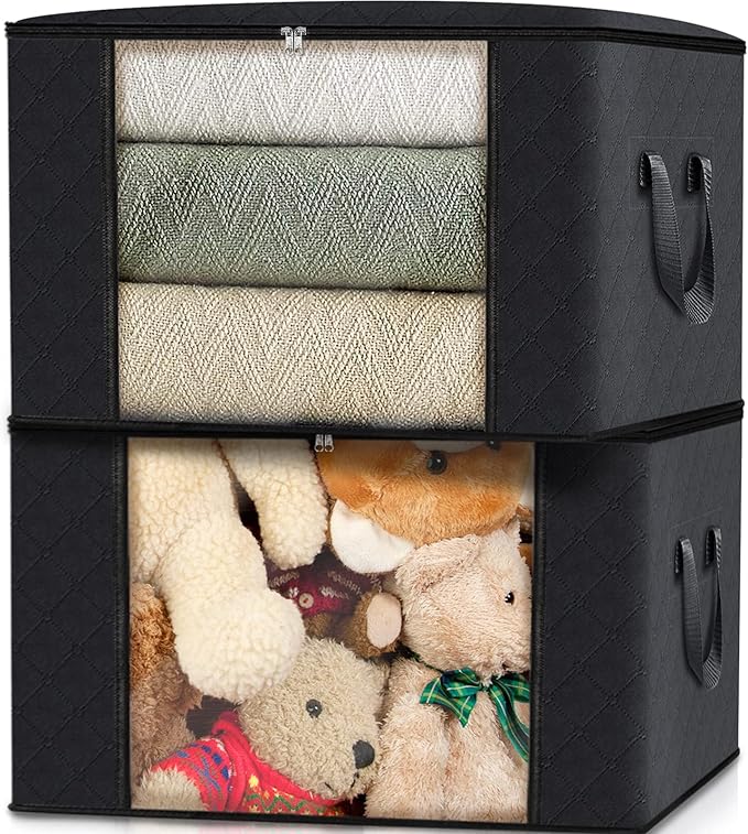 Fab totes Storage Bags,Clothes Blanket Storage Bins Foldable Closet Organizers with Reinforced Handle for Home Dorm Storage and Organization,Fabric Bags for Organizing Sheets,Clothing (Black,4 Pack)