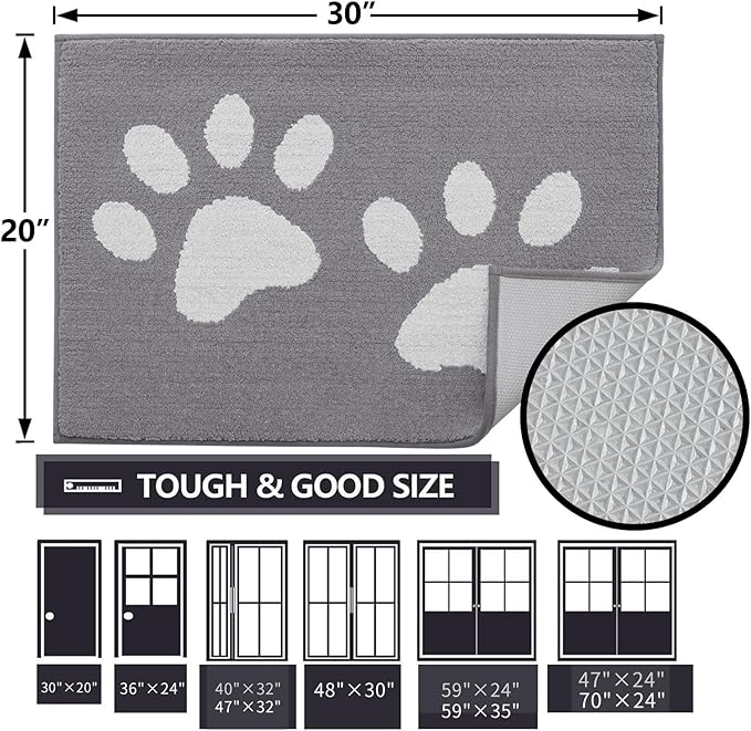 Buganda Dog Door Mat for Muddy Paws, Absorbent Dirt Trapper Washable Indoor Doormats, Non Slip Low-Profile Mud Mat for Dogs, Front Entrance Doormat for Inside Floor (36x24 Inches, Light Grey)