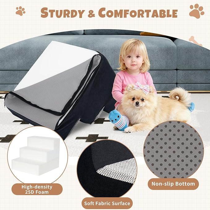 Dog Stairs for Small Dogs, 3 Step Dog Stair for High Bed and Couch, Non-Slip High Density Foam Sturdy Pet Steps with Removable Washable Cover for Older Cat