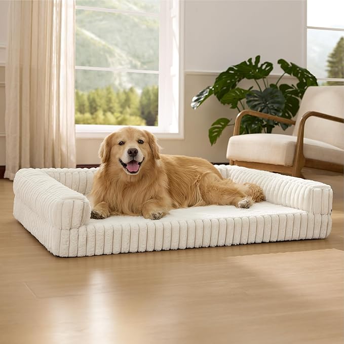 Bedsure ComfyFleece Orthopedic Dog Bed with Waterproof Dog Blanket for XL Dogs, Cream