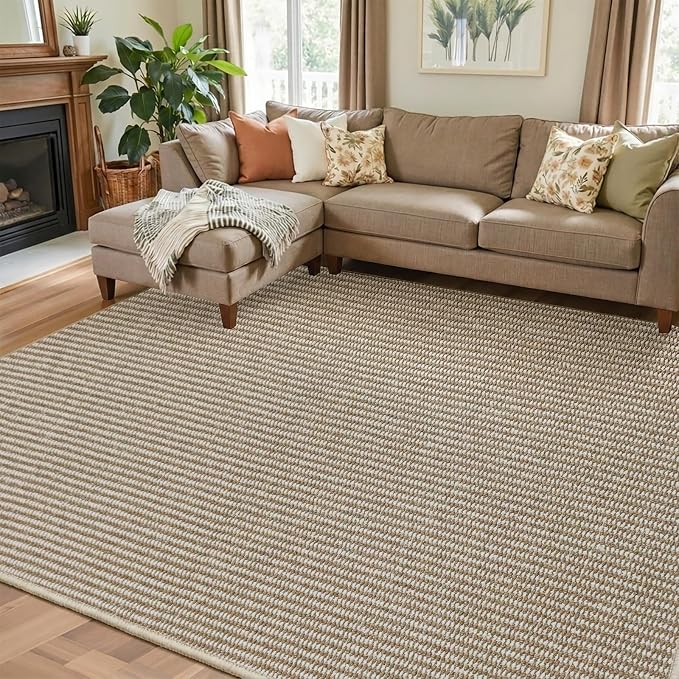 Faux Jute Area Rug 5'x7', Washable & Non-Slip, Taupe & White | 0.27" Low Pile