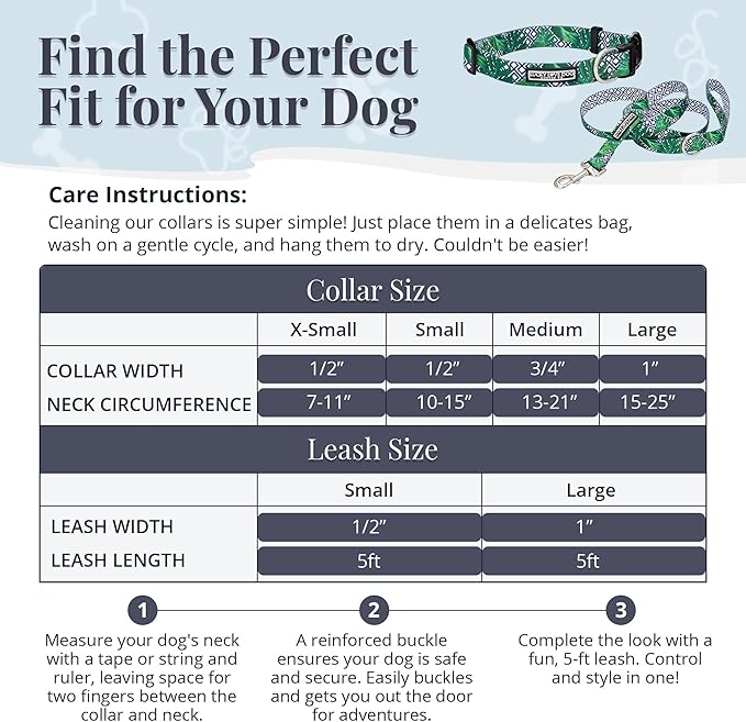 Lucky Love Dog Collar and Leash Set, Beautiful & Vivid Patterns, Easy On & Off Clasp Accessory (Blue Laguna, M Combo)