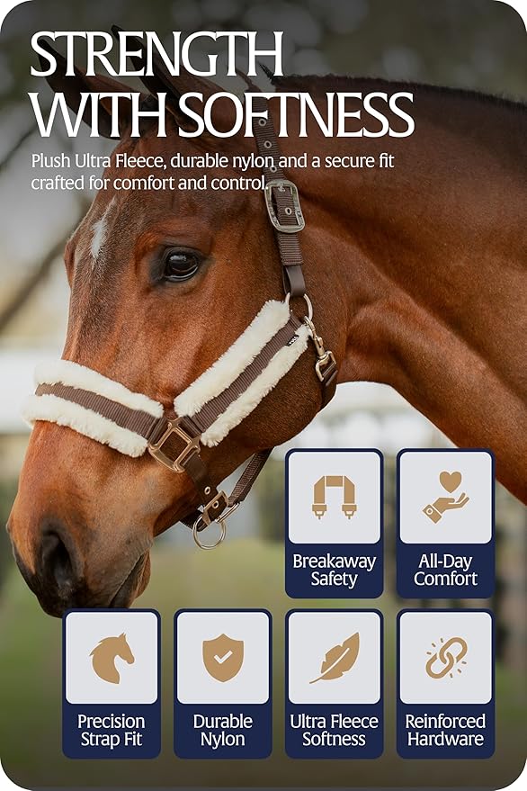 Equinavia Valkyrie Ultra Fleece Breakaway Horse Halter | Padded Fleece Adjustable Safety Halter with Nylon Webbing - Brown/Ivory White - Horse